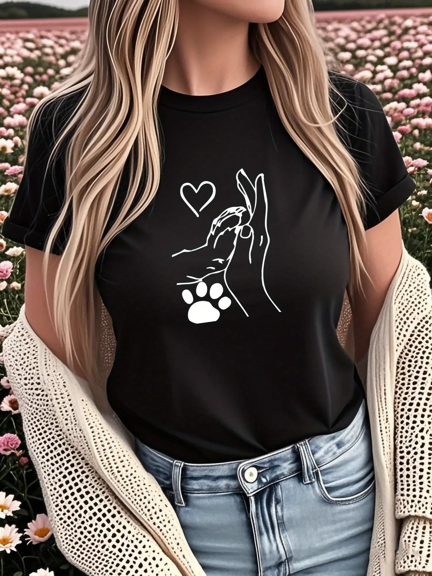 Women'S Casual Dog Paw & Human High-Five Graphic T-Shirt - Short Sleeve, Round Neck, Soft Stretch Fabric, Black Tee with White Paw Print Design, Perfect for Casual Attire, Pet Lover Gifts