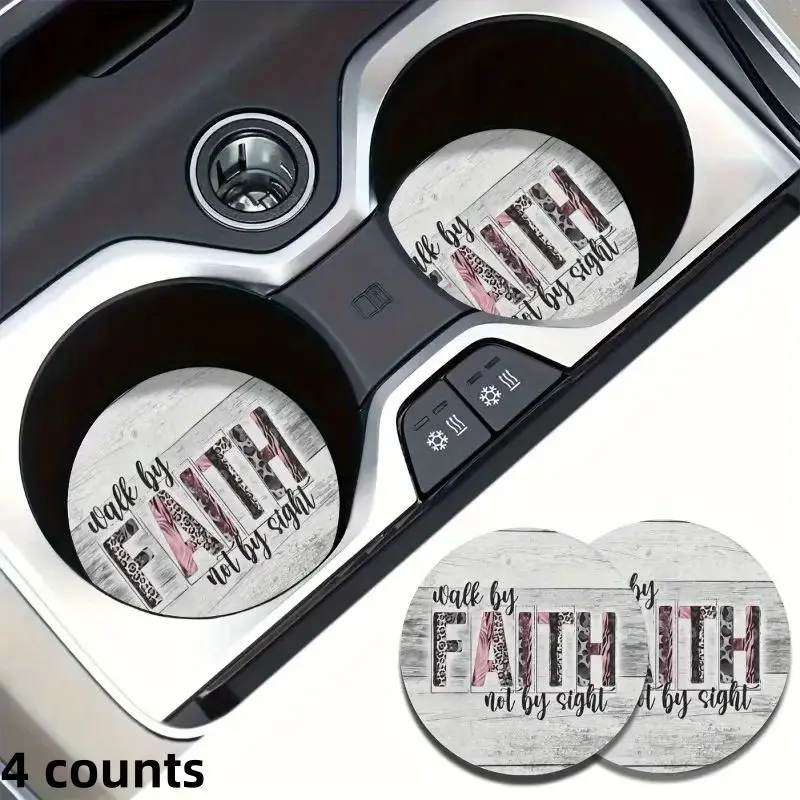 Fashion Letter Pattern Car Coaster, 4 Counts Round Anti-slip Car Cup Holder Coaster, Car Interior Decoration Accessories for Women & Men, Car Interior Decorative, Car Trinkets, Car Interior Accessory