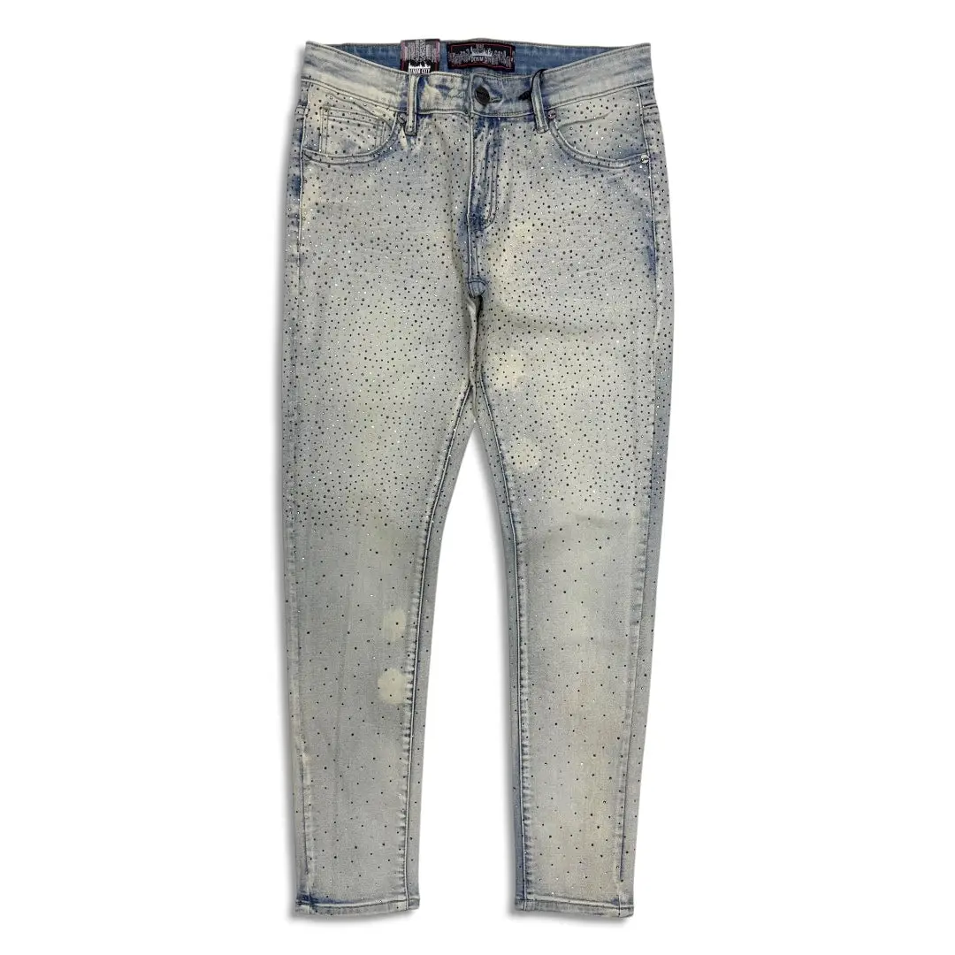 Denimicity Men's Rhinestone Skinny Jeans Bleached Vintage Wash