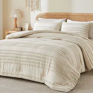 Boho Comforter Set  Size, Beige Tufted Striped Bed Set 3 count, Soft  Farmhouse Comforter for  Seasons, Boho  Decor,Fluffy Jacquard Bedding with 2 Pillow Shams