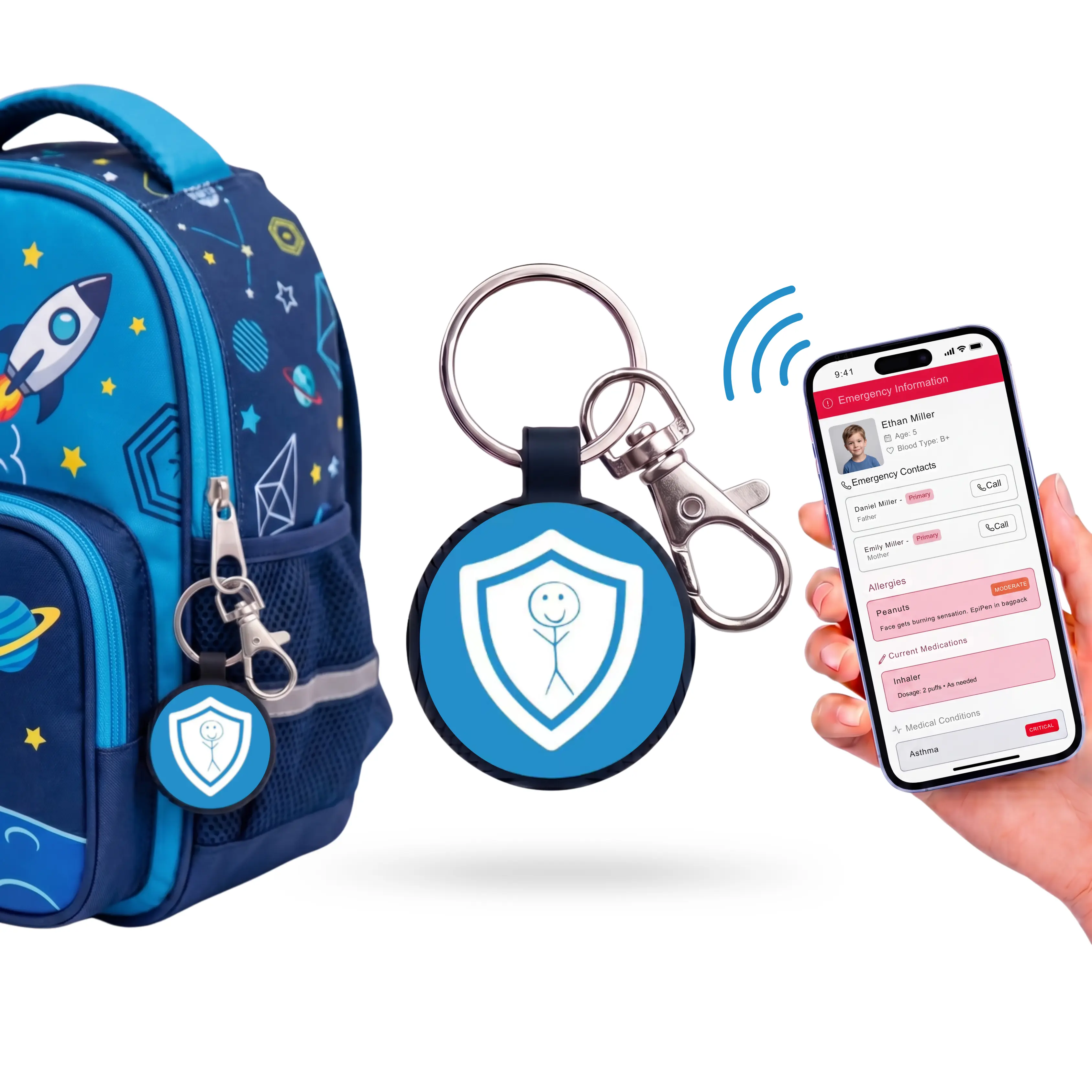 NFC Kids Safety Keychain - Blue, Medical-Grade Silicone, Waterproof, Break-Away Clasp, Adjustable Fit, No App Needed, Offline Use, Ideal for Special Needs