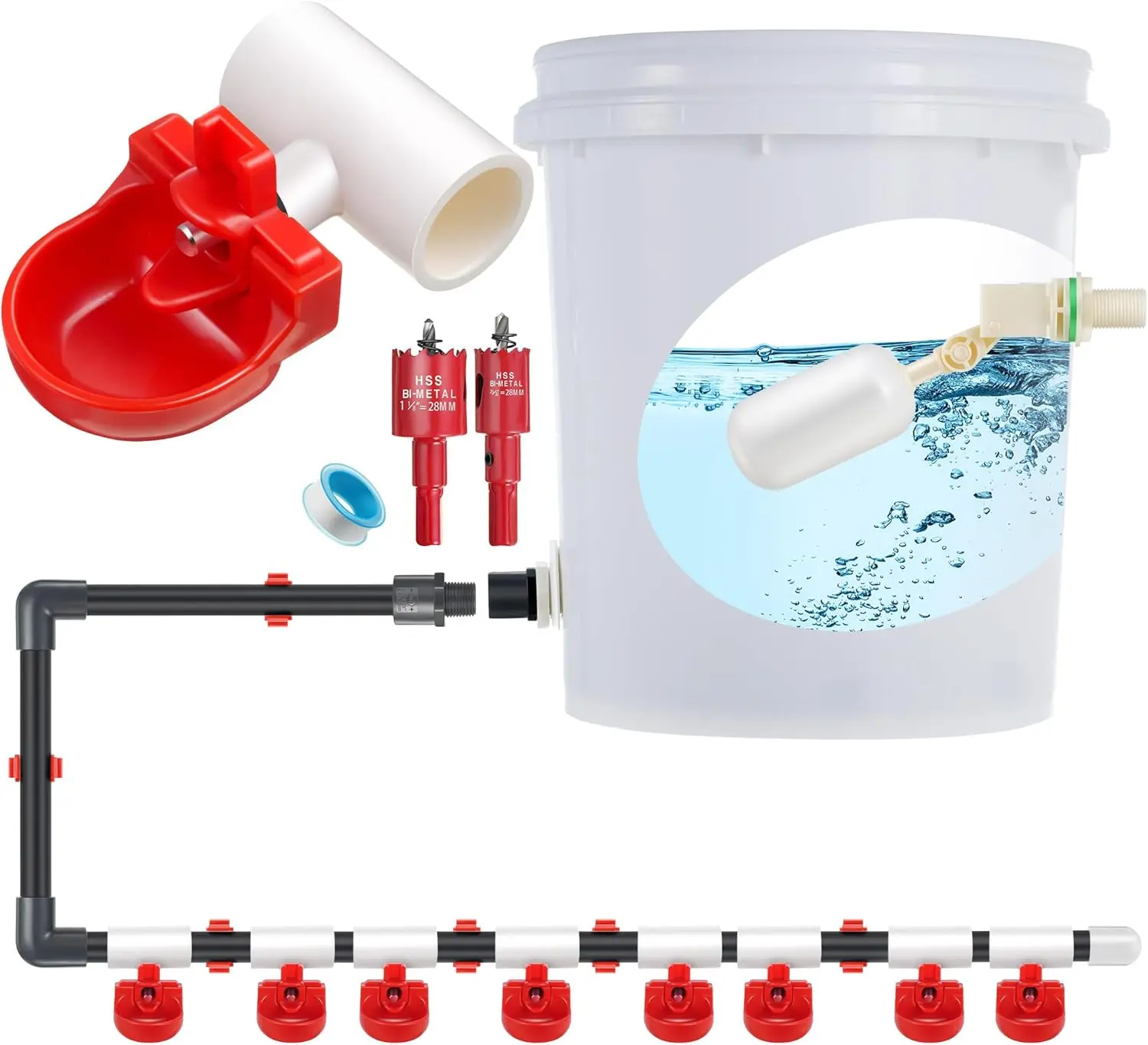 8 Pack Automatic Chicken Waterer, Complete Set with 1/2'' PVC Tee Fittings, Float Valve