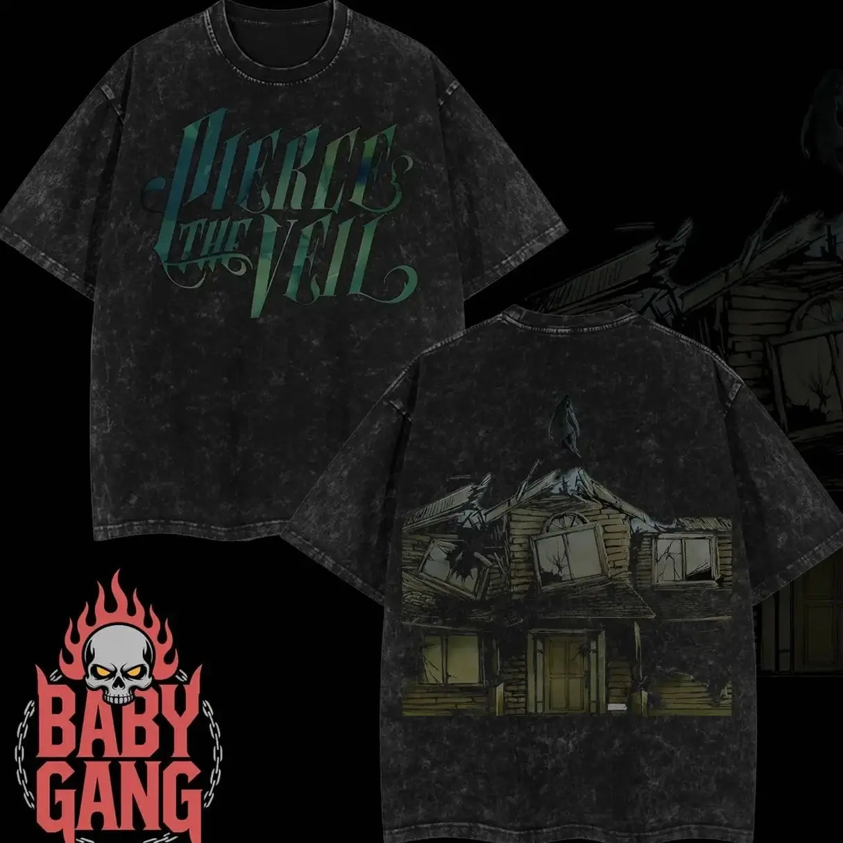 [Baby Gang] Collide with the Sky I Can't Hear Your Voice Tour 2025 Pierce The Veil Heavy Metal Washed Shirt Unisex Oversize Rock Band Cotton Gift For Rock Music Lovers Vintage 90s Graphic Tees Graphic Streetwear 1EF