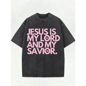 JESUS IS MY LORD AND MY SAVIOR 220g Pattern PrintWashed  Front-sided Printed Round Neck T-shirt, Street Trend Men'S T-shirt, Pure  100%, Suitable For Daily Casual Short