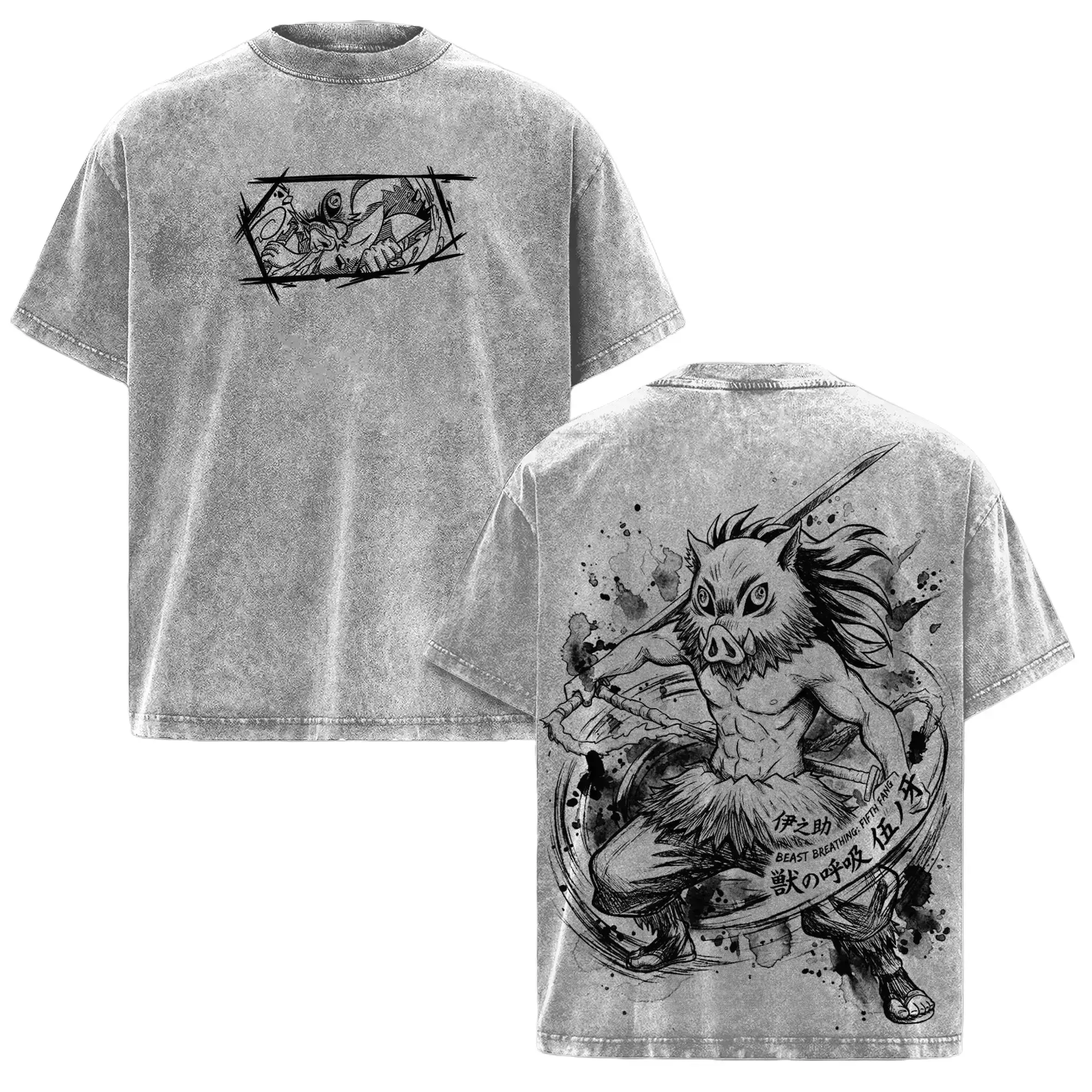 Inosuke Hashibira Tee Washed – Demon Slayer Washed Anime Manga T-Shirt, Minimal Washed Beast Breathing Graphic Tee, Unisex Oversized Streetwear Shirt, Wild Mountain Fighter Aesthetic Tee, Gift for Demon Slayer Fans
