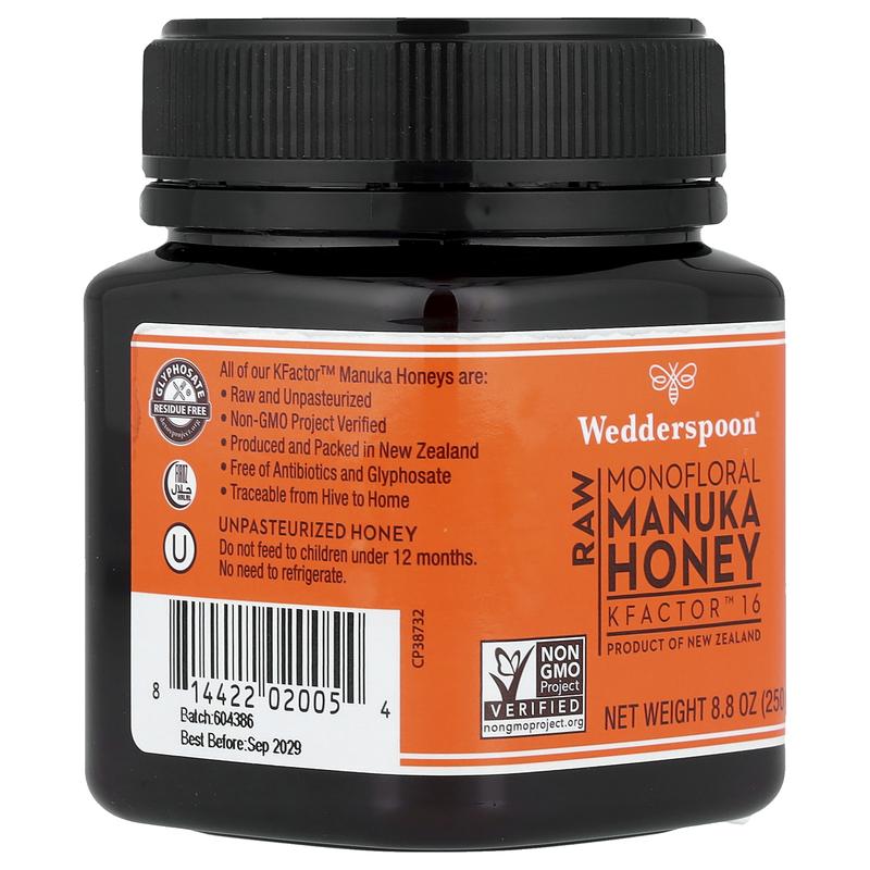 Wedderspoon Raw Monofloral Manuka Honey, KFactor™ 16, 8.8 oz (250 g)