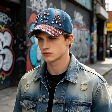 USA Bling Rhinestone Denim Baseball Cap - Patriotic Sparkle Sun Hat