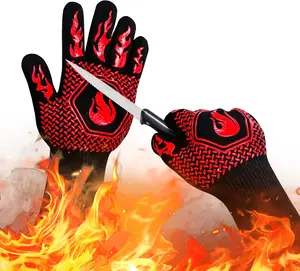 BBQ Fireproof Gloves, Grill Cut-Resistant Gloves 1472F Heat Resistant Gloves, Non-Slip  Oven Gloves, Kitchen Safe Cooking Gloves for Oven Mitts,Barbecue,Cooking, Frying,13.5 Inch-Red