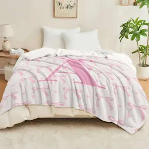 Pink Bow Blanket with A or Z Letter Pattern, Bedroom Decorative Blanket, Soft Fluffy Flannel Warm Blanket, Comfy Blanket, Home Decoration, Decorative Giftable Blankets, Camping Trip, Office Leisure, Girl Gift