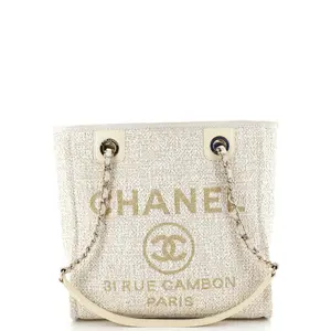 Pre-owned CHANEL Raffia Shoulder Bags North South Deauville Tote with Glitter Detail Small by Rebag