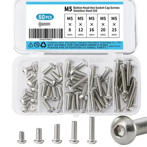 M5 x 8mm 12mm 16mm 20mm 25mm Button  Socket Cap Screws , Stainless Steel 304, Metric Allen Hex Drive, Bright Finish, Fully Threaded, Assortment Kit 50 count