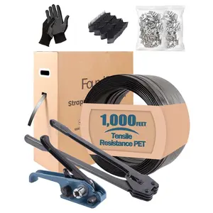PET Banding Strapping Kit for Heavy Duty Durable Pallet Packaging Strapping Tool with >1500lbs 5/8" x 1000' PET Strapping Roll & its own Pull-Out Box 100 Corner Protectors 300 Seals-Blue Gray