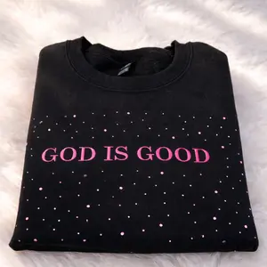 GOOD IS GOOD - BLACK CREWECK - PINK RHINESONES - PINK EMBROIDERY