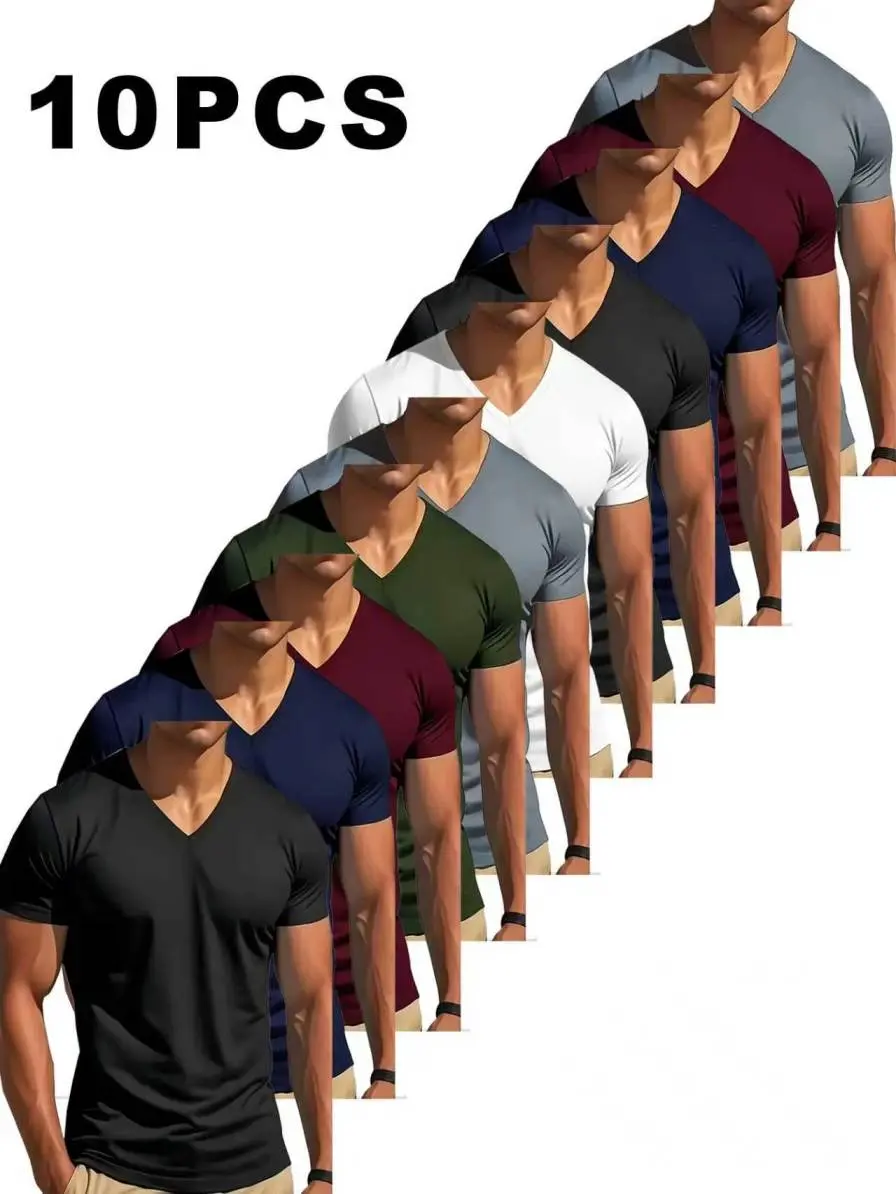 MTTYYD 10-Pack Men Multi-Color Solid V-Neck Short Sleeve T-Shirts Lightweight Quick Dry Moisture Wicking Polyester Breathable Athletic Tops Machine Washable For Outdoor Running Gym Exercise Summer Daily Casual Multipack