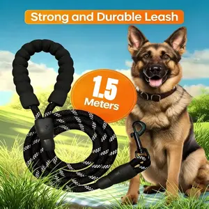 Dog Leash, Outdoor Training Rope for Dogs, Black 1.5-meter Nylon Rope, Sponge Handle with Reflective Design