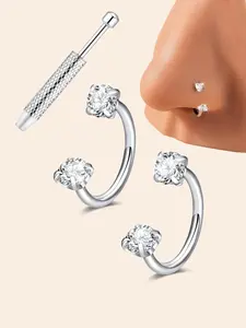 Horseshoe Nose Rings Studs, Spiral Nose Ring, 20G/18G Internally Threaded Nose Rings For Women, 316L Surgical Steel Double Cubic Zirconia Nose Studs, Lip Eyebrow Helix Ear Piercing Jewelry