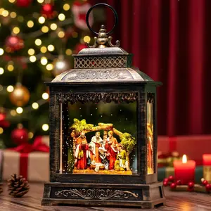 Christmas Snow Globes Lantern Christmas Snow Globe with Music Nativity Scene,6H Timer,USB Lined/Battery Operated Lighted Lantern for Christmas Festival Decoration Gifts