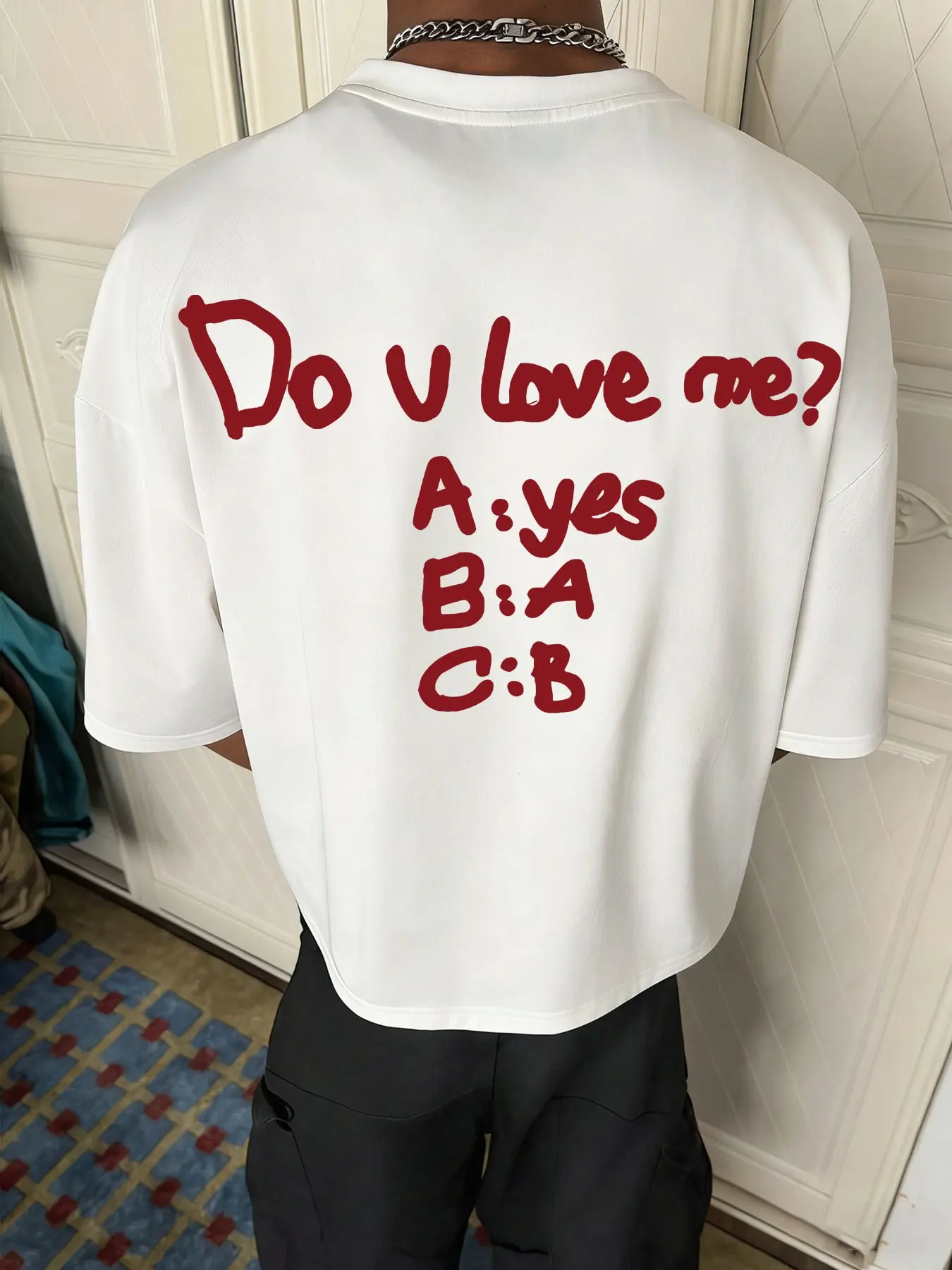 Valentine's Day Special Unisex Short Sleeve Round Neck Tee, 1Pc Unisex Casual T - Shirt Funny "Do U Love Me?" Back Print Streetwear Vibe Tee Casual Stylish Tee For Daily Outfit, Casual Style Tee, Heart Design Casual Streetwear For Couples, Tops Crewneck