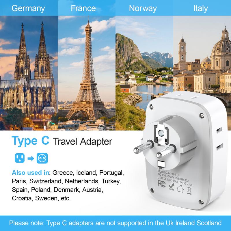 Europe Travel Plug Adapter, International Power Converter with 4 Ac Outlets & 3 USB Ports, Us to Eu France Germany Spain Italy Iceland, USB Multi Plug, USB Socket