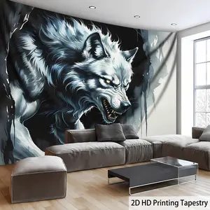 Ultra large fierce wolf landscape tapestry with HD digital print and 3D effect.Realistic animal art for living room, bedroom, or home office decor.Wrinkle-resistant, includes hanging clips.