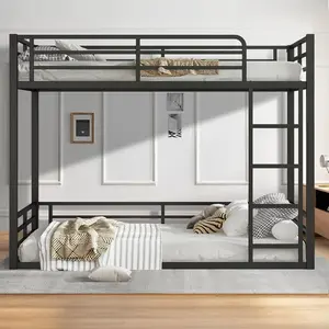 Full Over Full Bunk Bed Frame, Heavy Duty Metal Loft Bed for Adults/Teens, 350/500LB Capacity w/Ladder & Guardrail, Noise-Free Steel Slats, No Box Spring Required, Black