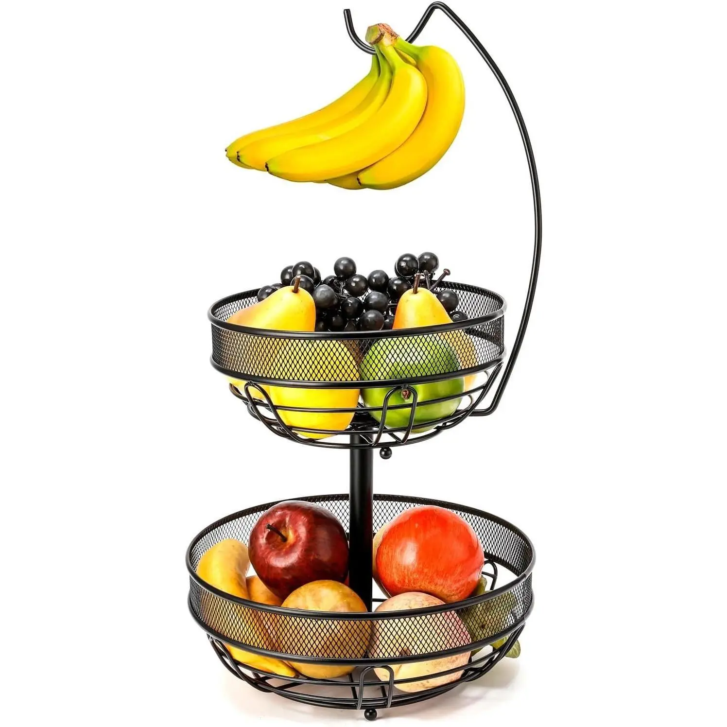 2-Tier Fruit Basket Bowl with Dual Banana Tree Hanger - Kitchen Countertop Metal Wire Storage for Bread Onions Potatoes (Black, 2 Tier) Smooth Organiser