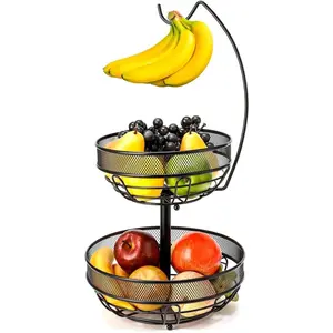 2-Tier Fruit Basket Bowl with Dual Banana Tree Hanger - Kitchen Countertop Metal Wire Storage for Bread Onions Potatoes (Black, 2 Tier) Smooth Organiser