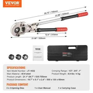 VEVOR Copper Press Tool Tube Fittings Crimping Kit, Pro Press Crimper with 1/2, 3/4, 1 Quick Change Jaws, 360 Rotatable Crimp Tool Locking Pin, Extendable Handle, Meet ASTM B88 and B75 Standard