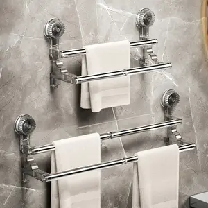 No Drill Suction Cup Double Towel Rack |   Retractable Chrome Bathroom Organizer, Space Saving Wall Mount