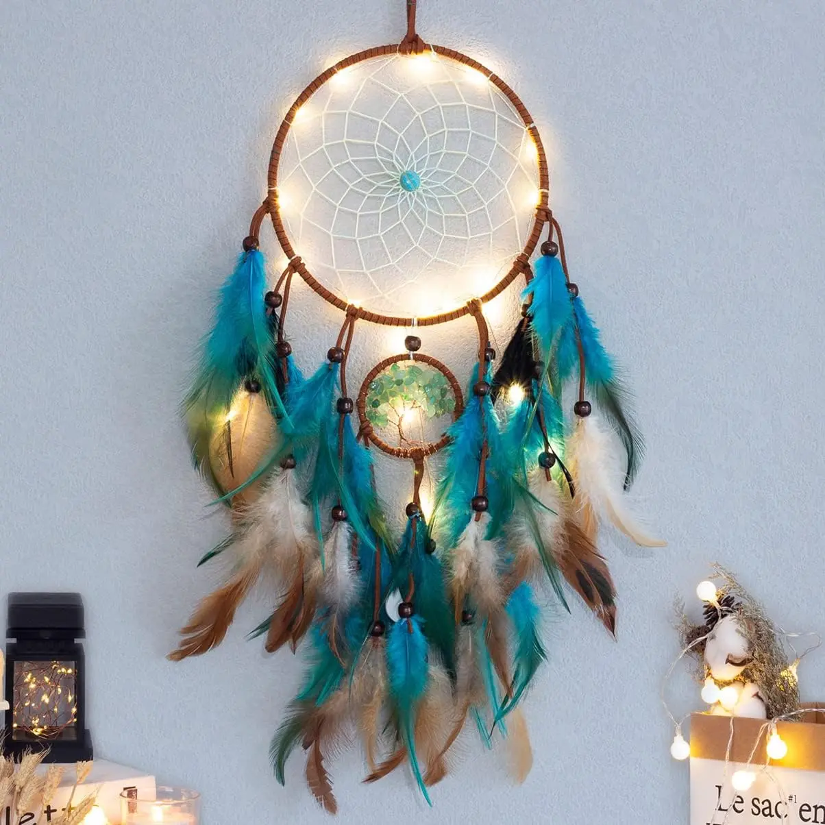 Dream Catcher Blue Tree of Life with Feathers, Mobile LED Fairy Lights Handmade Indians Traditional Circular Net for Wall Hanging Decor, Bedroom, Home Decoration Wedding Party Blessing Gift
