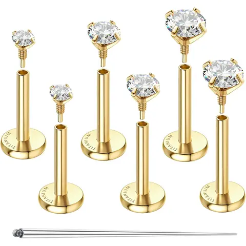GEMQUEEN G23 Implant Grade Titanium Flat Back Studs - 14K Gold Hypoallergenic 16G/18G Internal Secure Thread, 2mm/3mm Unisex Daily Nose/Helix Piercing Tops, Sleep-Safe, Water-Resistant (3 Pairs)