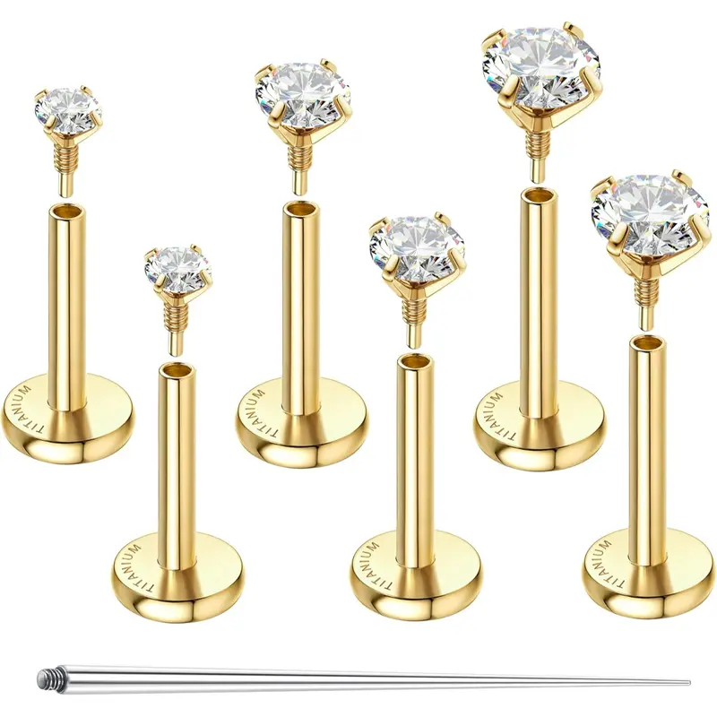 GEMQUEEN G23 Implant Grade Titanium Flat Back Studs - 14K Gold Hypoallergenic 16G/18G Internal Secure Thread, 2mm/3mm Unisex Daily Nose/Helix Piercing Tops, Sleep-Safe, Water-Resistant (3 Pairs)