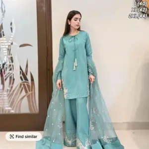 Women's Heavy  blue Simple Wear Plazo Suit Wedding Punjabi Sui Pakistani Embroidery Work Pure Natural Crep Silk Top Bottom & Dupatta Set