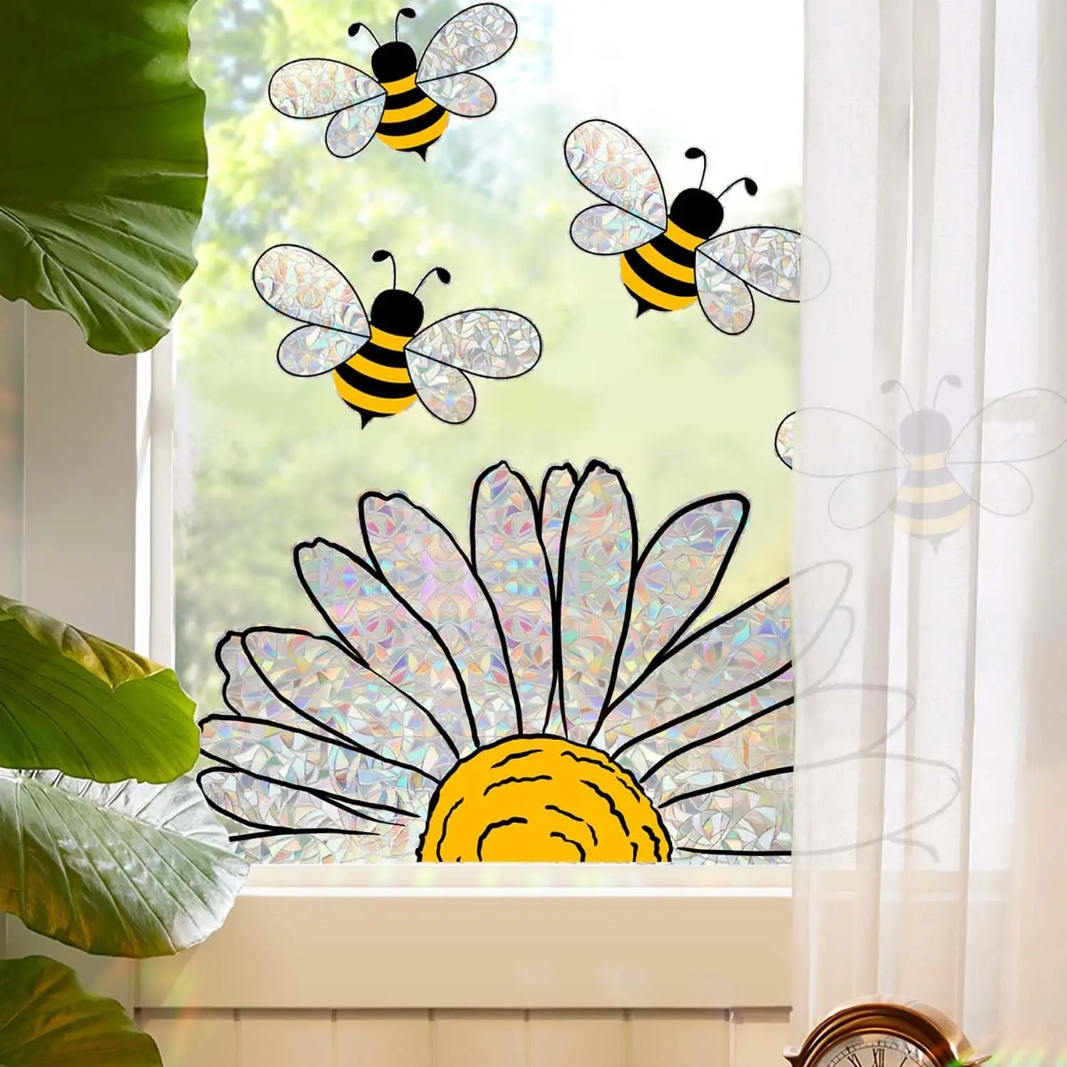 5pcs Spring Summer Bee Sunflower Window Stickers Double-Side Glass Decals Shiny Rainbow Prism Window Clings for Mirror Glass Display Shop Office School Supplies Reusable