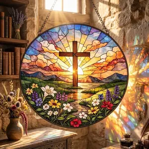 Christian Cross Stained Acrylic Suncatcher, Sunrise Faith Window Hanging, Religious Floral Glass Art, Bible Inspired Decor
