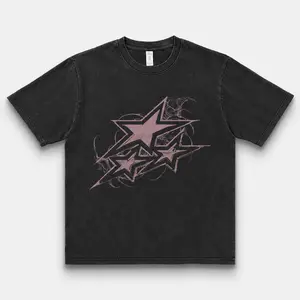 B-Y2K Vintage Washed Star Graphic T-Shirt, Unisex Oversized Short Sleeve Crewneck Tee, Streetwear Grunge Star Print Top for Men and Women, Washed Black and Washed Pink Casual Summer Shirt