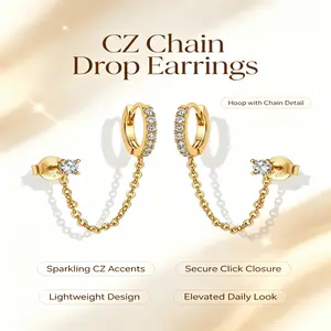 14K Gold Plated Chain Earrings for Women - Double Piercing Dangle Chain Huggie Hoop Earrings - Cubic Zirconia Single Stud Ear Cuff Earrings for Women