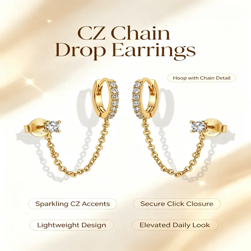 14K Gold Plated Chain Earrings for Women - Double Piercing Dangle Chain Huggie Hoop Earrings - Cubic Zirconia Single Stud Ear Cuff Earrings for Women