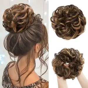 Large Messy Bun Hair Piece Wavy Curly Scrunchies Synthetic Chignon Ponytail Hair Extensions Thick Updo Hairpieces for Women Dark Brown/Golden Blonde