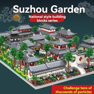 flash cards Show Micro Suzhou Garden Blocks Classic Chinese Garden Mini Block Traditional Architecture House Assembled Bricks with LED Light