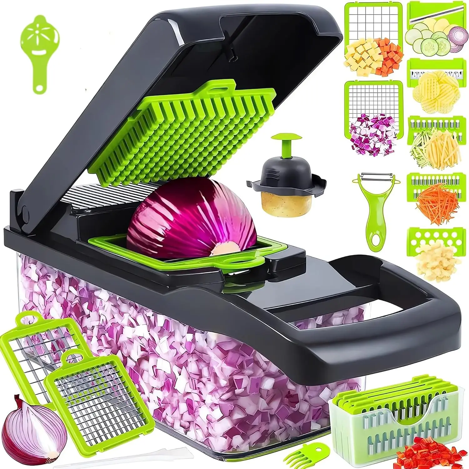 Vegetable Chopper & Mandoline Slicer 16 in 1 CarboSpin Multi-Function Kitchen Cutter for Slicing Onion Dicing Chopping Grating and Julienne BPA-Free Easy to Clean Stainless Steel Blades Set Utensils Cheese Garlic