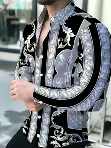 Men's Summer Baroque Print Long Sleeve Button Down Shirt