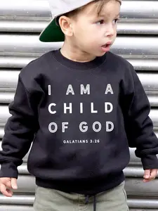 Boys' Spring and Autumn Fashion Round Neck Fleece Hoodie with 'I AM A CHILD OF GOD' Letter Print, Loose Leisure Long-Sleeved Pullover