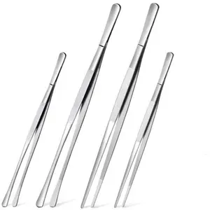 4 Pcs Fine Long Tweezer Tongs, Professional Silver Color, 12'' and 10'' Stainless Steel, Kitchen, Food, Cooking, Repairing, Seafood, BBQ, Bbq Tools