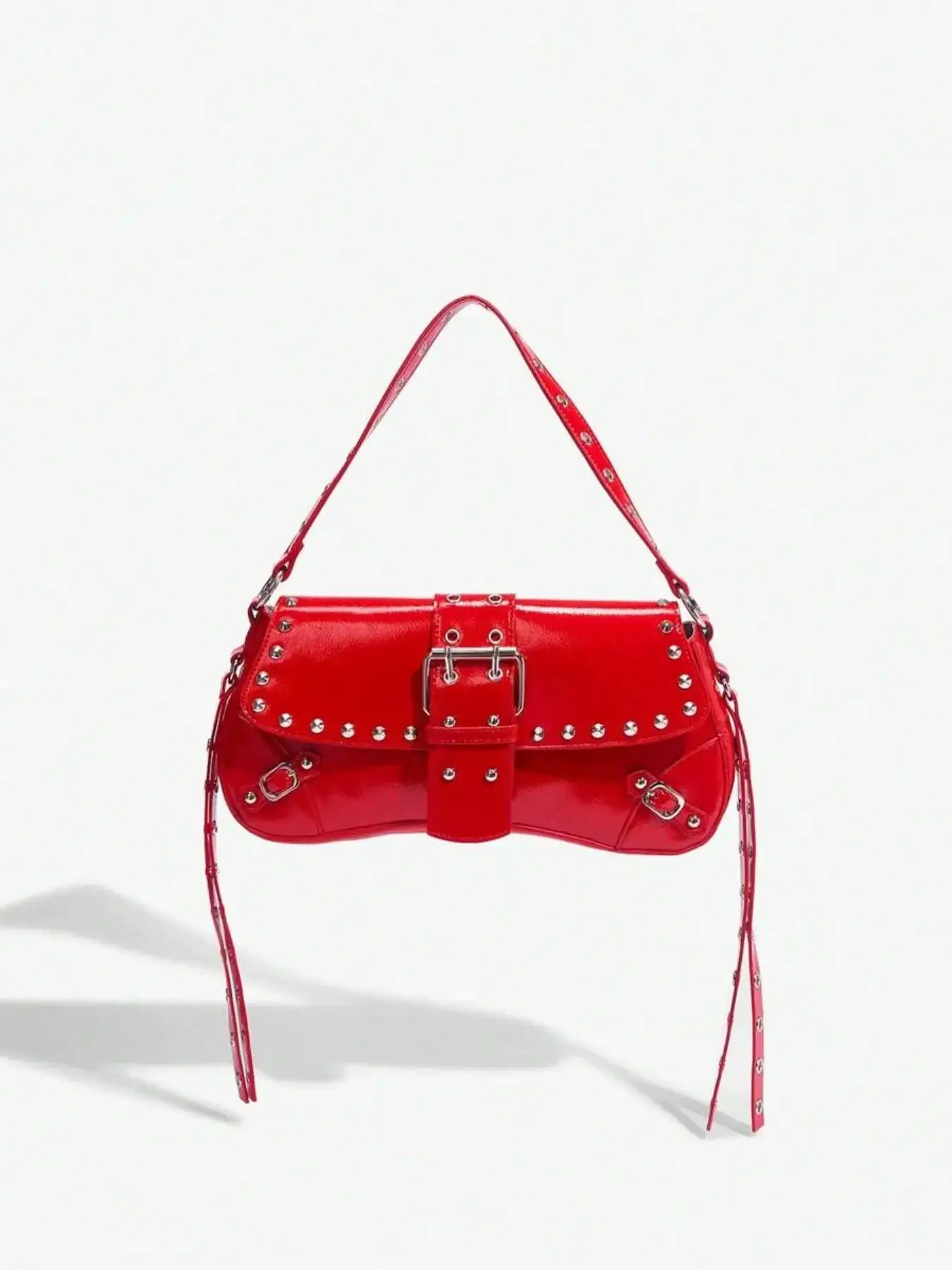 Women's Punk Style Studded Decor Shoulder Bag, Fashionable Solid Color Grommet Eyelet Buckle Design Underarm Bag for Daily Used, Casual Trendy Versati