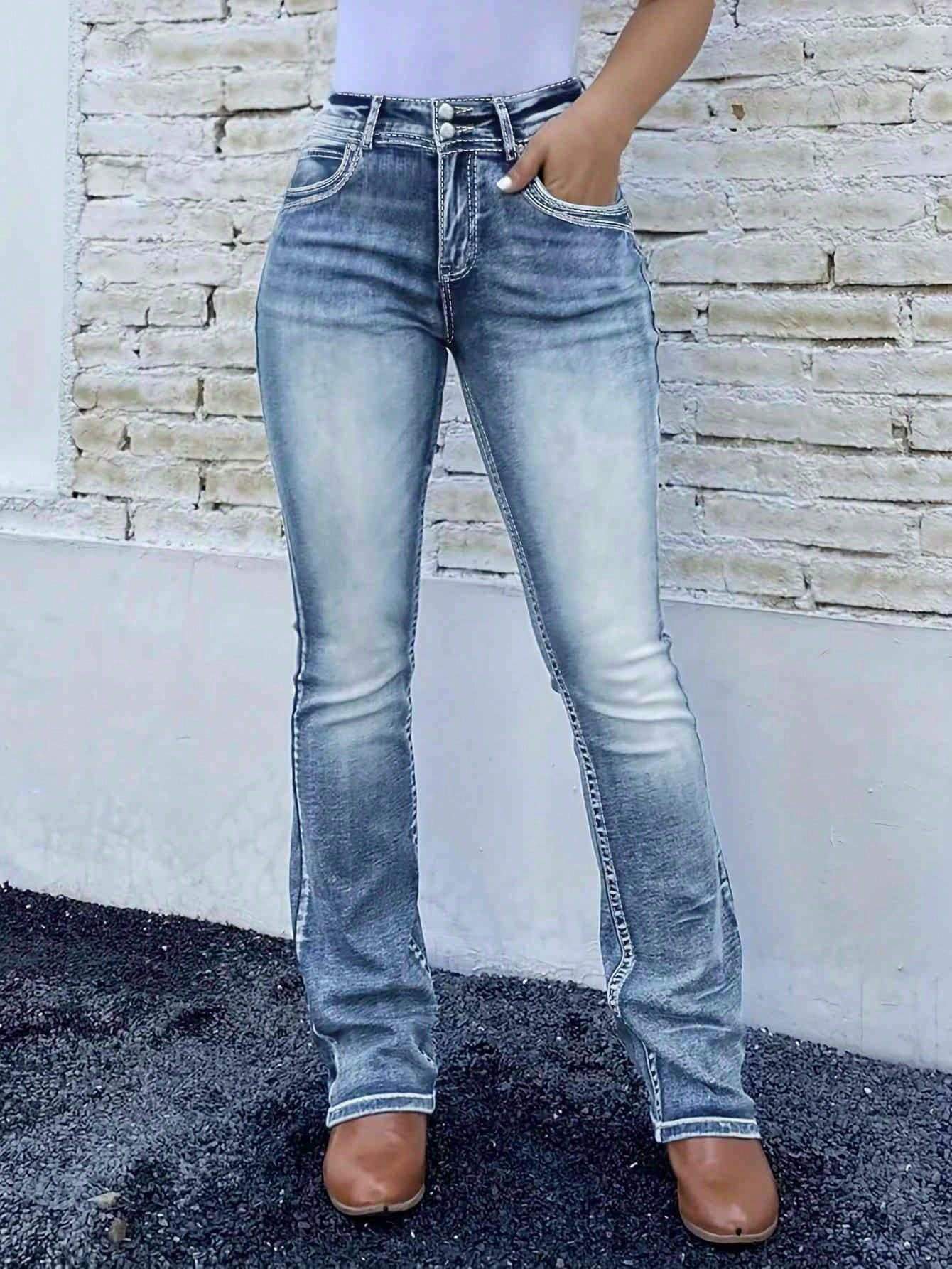 Retro Stretch Pocket Embroidery Patchwork Washed Denim Jeans