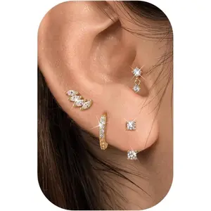 MILACOLATO 4 Pairs 14K Plated Gold Stud Earrings for Women - Dainty Hypoallergenic Flat Back Cartilage Earring Sets for Multiple Piercing - Silver Gold Small Dangle Huggie Hoop Stud Earrings Stacks