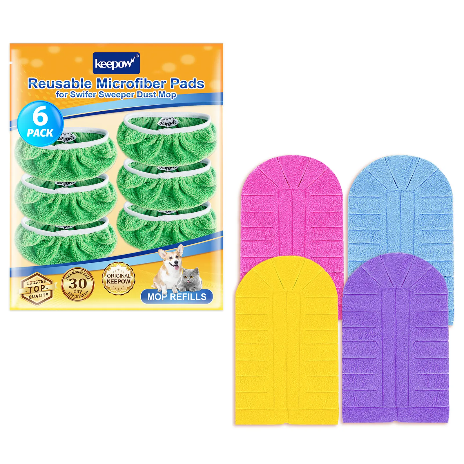 KEEPOW Reusable Green Cotton Pads For All 10 Inches Flat Mop+Duster Refill Compatible with Swiffer 360 Degree Set