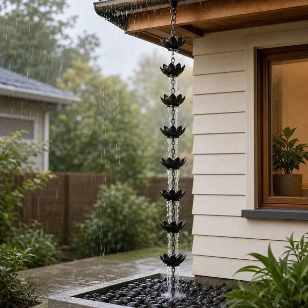 120 cm Rustproof Metal Lotus Rain Chain with Hook for Gutter Drainage and Garden Decor