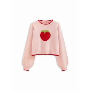 Cider Knit Strawberry Pattern Contrasting Binding Round Neckline Long Sleeve Oversized Top